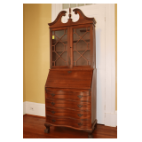 Chippendale Style Mahogany Secretary Desk with Bookshelf Cabinet and Glass Doors