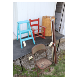 3 Ft. Step Ladder, Child's Rocking Chair, Metal Folding Chair, Wicker Laundry Basket, and Projector Screen