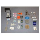 Advertising Keychains, Bullet Pencils, Skeleton Keys, Change Purse, Flint Pieces, Wenger Watch, Belt Buckle, Brass Ford Medallion, and Misc.
