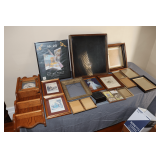 Display Case, Picture Frames, Wooden Wall Clock, and Framed Pictures