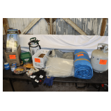 1 1/2 Gallon Pump Sprayer, Hand Held Spreader, 0.95 Inch Lawn Edger Twine, Tarps, Gloves, Propane Tank, and Misc.
