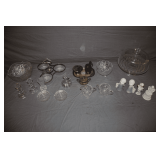 Glass Cake Stand with Lid, Glass Candle Stands, 3 Glass Insert Candy Dish, Silver Plated Tea Set, Bowls, and Misc. Glassware