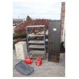 2 Drawer Letter Metal Filing Cabinet, 6 Tier Metal Shelf, Single Door Metal Cabinet, 2 Gallon Gas Can, 2.5 Gallon Gas Can, and Lawn Mower Clippings Catcher