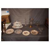 Covered Tureen with Under Platter, Decorative Plates, Decanter Vase, Cake Plate, Glasses, and Candle Stand with Globe