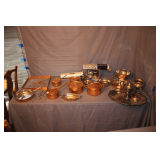 Tagus Elite Copper Pots with Lids, Skillets, Tea Kettle, Strainer, Measuring Cup Set, Dish Hanger Rack, Hooks, Silver Plated Tea Pot, Silver Plated Serving Tray, and Misc.