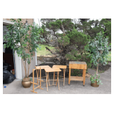Kimball Butcher Block on Wheels, (3) TV Dinner Trays and Rack, and (2) Artificial Plants in Pots