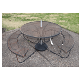 Circular Wrought Iron Table with Bench Seats and Umbrella Base