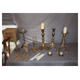 Brass Candle Holders, Glass Candle Holders, Demitasse Cup and Saucer, Brass Bird Decorations, and Misc. Brass Decorations