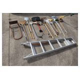 2 Wheel Metal Dolly, Shovels, Rakes, Mops, Garden Hoes, Easy Edge 14 Inch Trimmer Edger, Shepherds Hook, 6 Ft. Aluminum Step Ladder, and Misc. Hand Tools