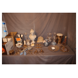 Brass Candle Holders, Bust Decoration, Oil Lamp with Globe, Ice Bucket, Napkin Holders, Circular Mirror, Vases, and Misc.