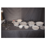 Various Size Square and Circular Corningware Baking Dishes, Rubbermaid Strainer, Microwave Egg Poacher, Anchor Glass Baking Dish, and LovenWare Glass Baking Dish