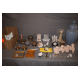 Thunderbird Model Car, Brass Candle Stands, Angel Figurines, Vase with Lid, Glass Figurines, Brass Sundial, and Misc. Decorations