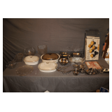 Non-Stick Popover Pan, Silver Plated 3 Qt. Oblong Open Baker, Glass Bowls, Glass Baking Dish, Stainless Serving Trays, Stainless Butter Tray and Cups, Baking Dishes with Lids, and Misc.