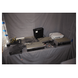 Hitachi VHS Player, Shintom VHS Player, Mitsubishi Record Player, Stereo Amplifier, Tuner, and Cassette Deck, Paper Shredder, and HP Printer