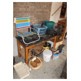 Wooden Workbench, Black and Decker Corded Drill, Utensil Trays, Beach Sear, Tool Bag, Wicker Baskets, Bungee Cords, Hammers, Pliers, Screwdrivers, and Misc.
