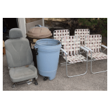 (4) Folding Lawn Chairs, (4) Trash Cans, and Vehicle Seat