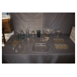 Anchor Hocking Glass Baking Dishes, (2) Miracle Maize Glass Cornbread Dishes, Glass Corn Server Dishes, Blue Glass Decanters, and Misc. Glassware