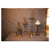 Standing Electric Lamp with Globe and Shade, Multi Candle Brass Candle Stand, and (5) Various Size Brass Candle Stands