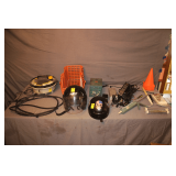 Wagner Power Steamer with Hose, (5) Plastic Baskets, Size Medium M2R Helmet, 4 Drawer Metal Storage Bin, Athletic Cones, Grabber, Unknown Size Helmet, Caulk Gun, Caulk/Sealer, Car Cell Phone, and Misc