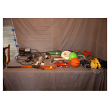 Daisy Model 1938B BB Gun, Horseshoes and Pins, Frisbee, Grease Gun, Caulk Gun, Volleyball Net, Air Pump, and Misc.