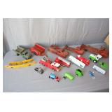 Metal Fire Truck, Metal Transport Trucks, Metal Trailer, Plastic Fire Trucks, Tonka Mobile Irrigation Truck, Blue Power Ranger Action Figure, Combine Toy, and Misc. Toys