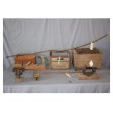 Winchester Wooden Box, Mounted Clamp, Wooden Planer, (2) Wooden Boxes, OCB Cigarette Roller Tin, Metal Fuel Can, Copper Tubing, and Misc.