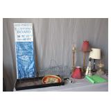 Sew Perfect Cutting Board, Campbell Soup Tin Serving Plate, (4) Table Lamps, Glass Oil Lamp Base, Dish Drying Rack, Folding Chafing Racks, and Misc.