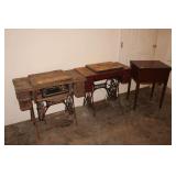 (2) Singer Sewing Machine Cabinets with Singer Sewing Machines, and Sewing Cabinet