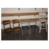 (2) Folding Metal Chairs, Costco Step Stool, and (2) School Desk Chairs