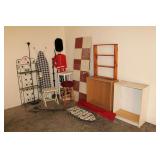 Three Tier Folding Metal Shelf, (2) Ironing Boards, Cushioned Barstool, Three Tier Plastic Shelf, Wooden Side Table, Four Tier Wooden Shelf, (2) Wooden Shelves, and Misc.