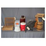 The Davis Welding and MFG Co Oil Can, Igloo Water Cooler, Three Tier Wicker Shelf, (2) Plastic Single Drawer Containers, Lamp Shades, Goose Decoy, Wooden Well Decoration, and Misc.