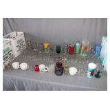 Drinking Glasses, Glass Bowls, Glass Jars, Plastic Pitcher, Plastic Cups, Water Bottles, and Misc. Glassware
