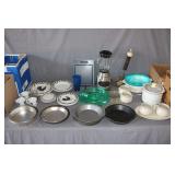Plastic Decorative Chicken Plates, Cups, and Saucers, Black and Decker Blender, Circular Baking Pans, Crock Pot, Canisters, Plastic Multi Tray Serving Plates, and Misc.