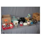 X-2 Space Rocket Friction Toy, Dolphin Mantle Clock, Maxwell House Coffee Tins, Jars with Lids, Plates, Cups, Lamp Globe, Canisters with Lids, Die Cast Pencil Sharpeners, Yarn, and Misc.