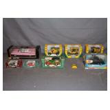(3) Gearbox Crayola Coin Banks, ERTL John Deere 1938 Bantam Panel Van Bank Die Cast Metal Vehicle, Maisto Special Edition Cadillac Eldorado Biarritz Model Car, and Misc.