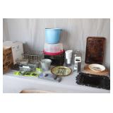 Brita Pitcher, Plastic Cake Carrier, Cheese Grater, Campbell Soup Tin Serving Tray, Serving Trays, Metal Bottle Crate, Vegetable Chopper with Attachments, and Misc.