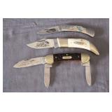 Frost Cutlery Sioux Hunter One Blade Pocket Knife, Parker Frost Cutlery Rodgers Wostenholm Three Blade Canoe Knife, and Frost Cutlery Vixen II One Blade Pocket Knife