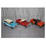 Vintage ERTL International Harvester Scout Traveler SUV (Blue), ERTL International Scout Terra Pickup Truck, and ERTL International Harvester Scout 'Baja' Edition