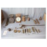 Various Size Spring Balance Scales, Pea Scale Weights and Bar, Scale Weights, (2) Kitchen Scales, and Misc.
