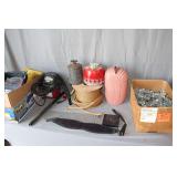 Lok-Seam Galvanized Clips, Spool of Rope, Vase, Olfa Sewing Ruler, Hang Up Mini Shop Vac, Paint Roller Tray, Solder Strap, and Misc. Toy Cars