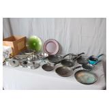 Skillets, Stainless Bowls, Serving Plates, Perfume Bottles, Glass Pot Lids, and Misc.