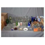 Glass Serving Plate, Glass Jars, Jar Lids, Ash Trays, Alexandria LA Coca Cola Glass, Glass Bottles, Drinking Glasses, (2) Blue Ball Jars, and Misc. Toy Cars