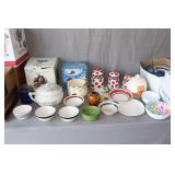 (3) Apple Canisters, 12 Piece Glass Dinnerware Set, Teddy Bear Cookie Jar, Dakota Tureen, Bowls, Plates, and Misc.