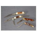 Schrade Uncle Henry Lock Blade One Blade Pocket Knife, Taylor Cutlery Elk Horn Surgical Steel Pocket Knife, Frost Cutlery 'The Duke Trapper' Pocket Knife, and Sears Craftsman 95157 Three Blade Pocket 