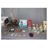 M&M Dispenser, Snow Globes, Toy Coca Cola Parlor Table with (2) Chairs, Oil Lamp with Globe, Vases, and Misc.