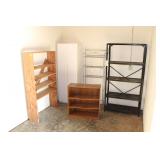 Five Tier Cedar Shelf, Two Door Storage Cabinet, Three Tier Over-The-Toilet Bathroom Shelf, Five Tier Metal Shelf, and Four Tier Bookshelf