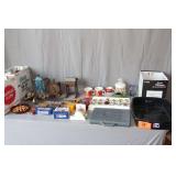 Campbell Soup Mugs and Spoons, Door Knobs, Velvet Cigarette Tin, Metal Antique Tape Dispenser, Ornaments, Gift Bags, Koch Messer Fork and Knife Set, and Misc.