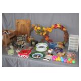 Christmas Village Train Station, Wreaths, Christmas Plates and Bowls, Candle Holders, Mite Postal Scale, Gift Boxes, and Misc. Home Decor
