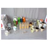 Coleman Water Cooler, (8) 50 Year Serving Agriculture Glasses, Coffee Mugs, Plastic Jugs, Wine Glasses, Glass Beer Mug, and Misc. Cups