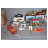 (2) 13 in. Wooden Trains, (2) 8 in. Wooden Trains, Luxe Car Replica, Willy's Metal Car, P-38 Glacier Girl Die Cast Plane Replica, Willy's Jeep, and Misc.